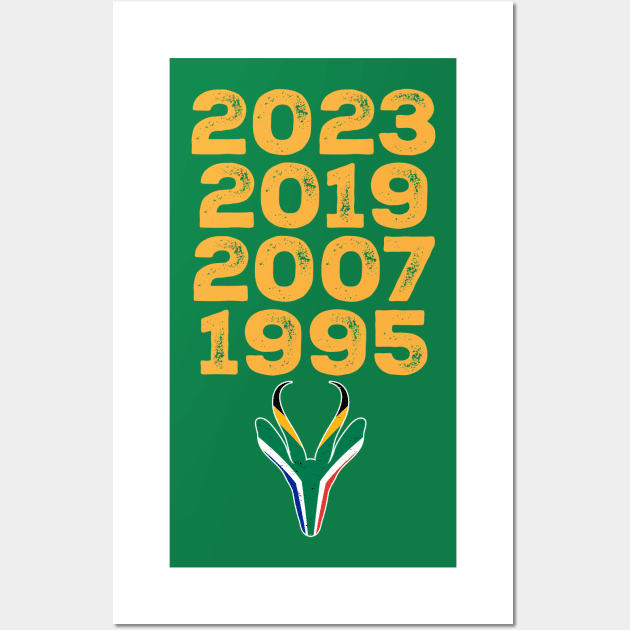 South Africa Four Time World Rugby Champs Vintage T-Shirt | Springbok Head & Flag 2023 2019 2007 1995 | Nou Gaan Ons Braai | Lekker Wall Art by BraaiNinja